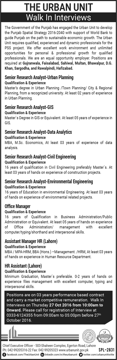 Urban Unit Jobs October 2016 Research Analysts, Managers & HR Assistant Walk in Interviews Latest