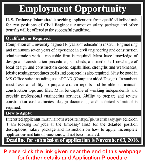 Civil Engineering Jobs in US Embassy Islamabad 2016 October Latest