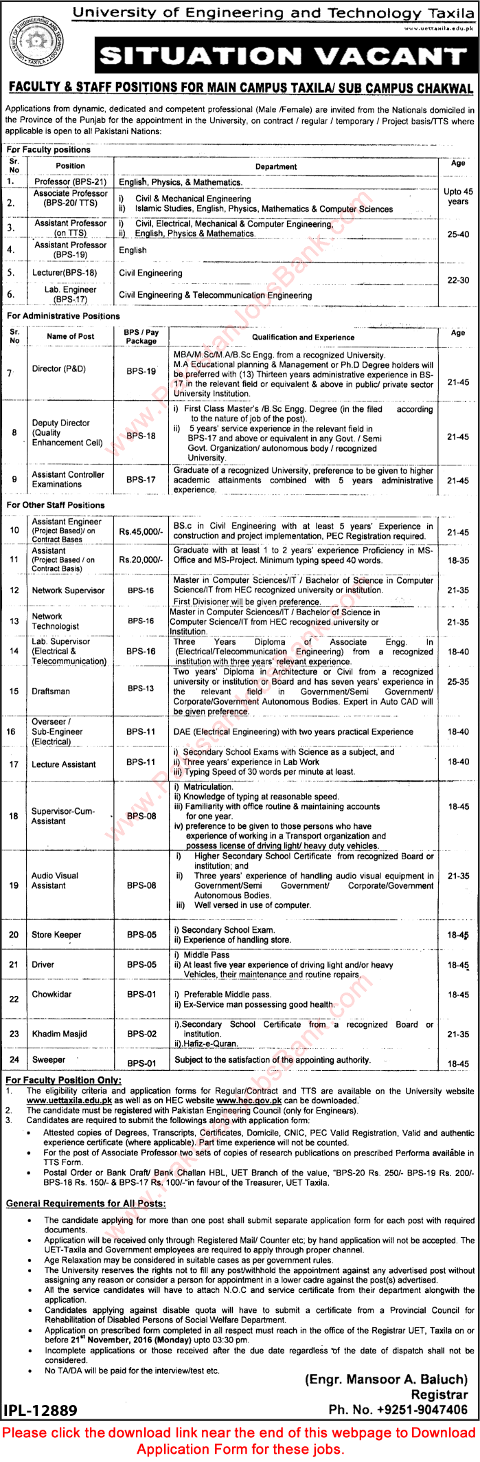 UET Taxila Jobs October 2016 November Sub Campus Chakwal Application Form Download Latest