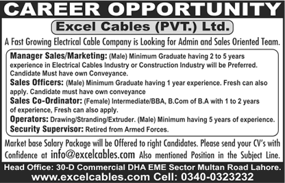 Excel Cables Lahore Jobs November 2016 Sales / Marketing Manager & Others Latest