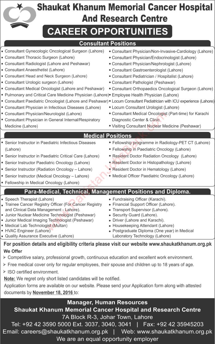 Shaukat Khanum Hospital Jobs November 2016 SKMCH&RC Medical Officers, Consultants & Others Latest