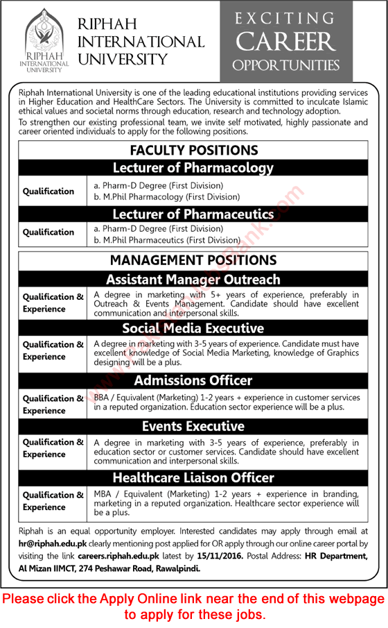 Riphah International University Rawalpindi Jobs November 2016 Apply Online Teaching Faculty & Others Latest