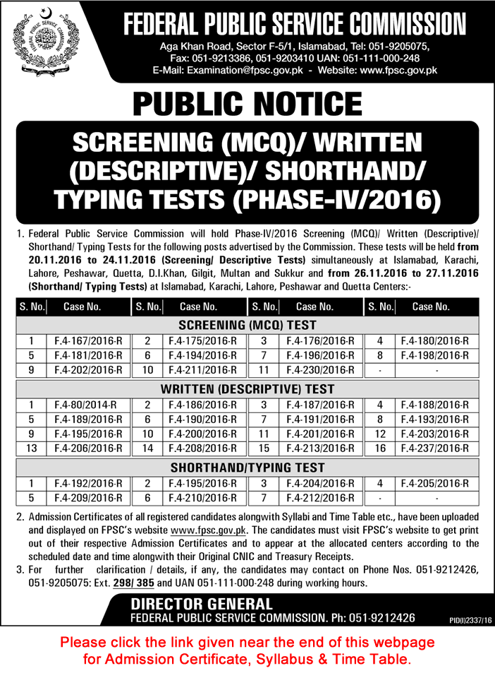 FPSC Written / Typing / Shorthand Test Schedule November 2016 Roll Number Slip & Syllabus Download Latest