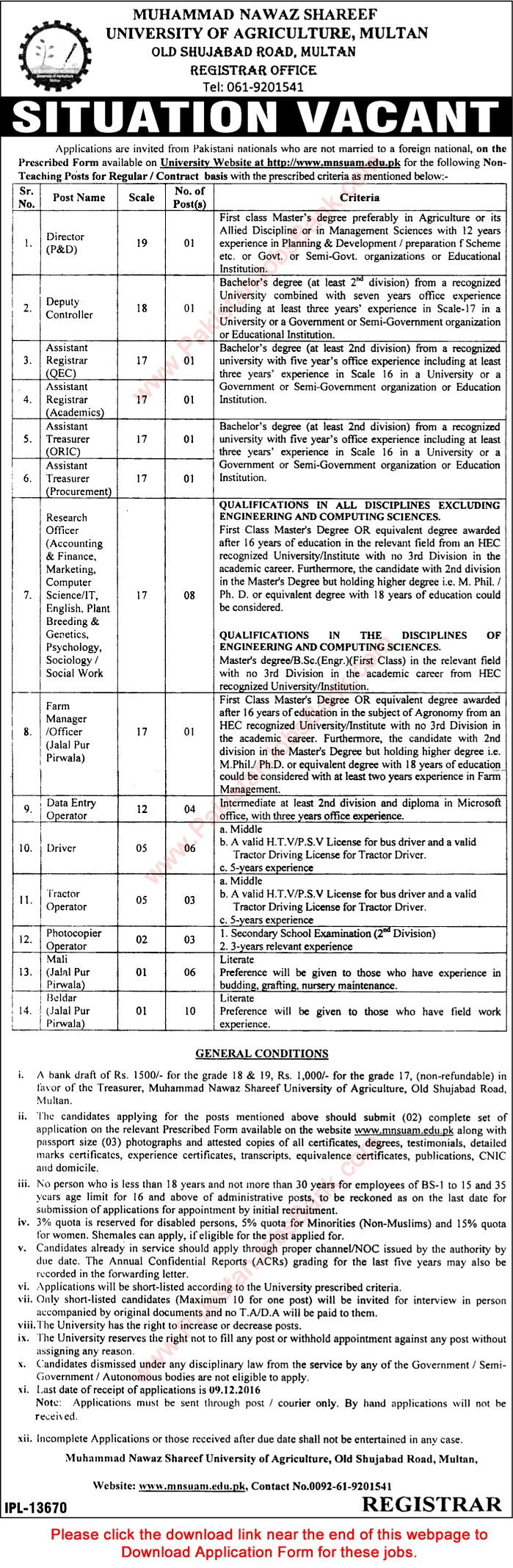 Muhammad Nawaz Shareef University of Agriculture Multan Jobs November 2016 Application Form Latest