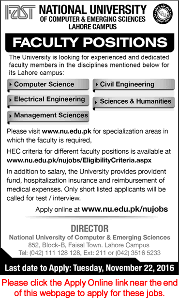 FAST National University Lahore Jobs November 2016 Apply Online Teaching Faculty Latest