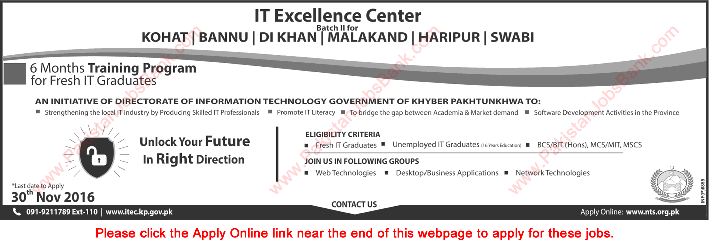 Directorate of IT KPK Internship Program 2016 November for Fresh IT Graduates NTS Online Application Form Latest