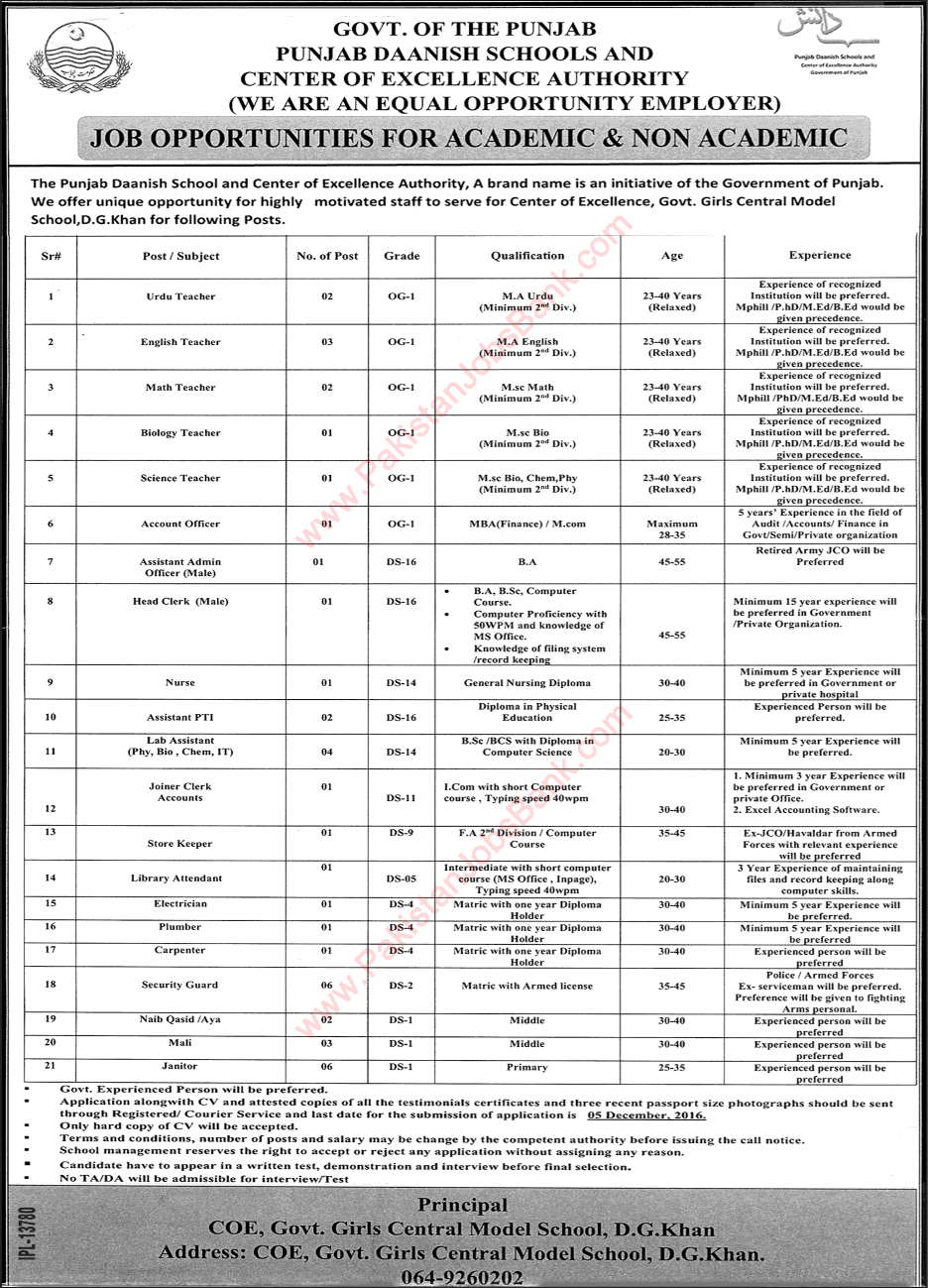 Danish School Dera Ghazi Khan Jobs November 2016 Center of Excellence Government Girls Central Model School Latest