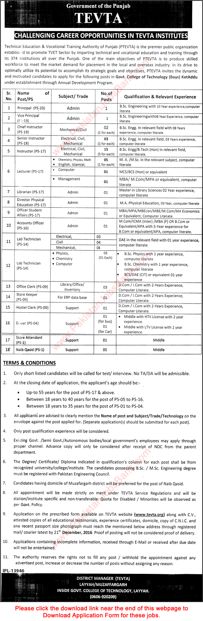 TEVTA Jobs November 2016 Kot Addu Muzaffargarh at Government College of Technology Application Form Latest