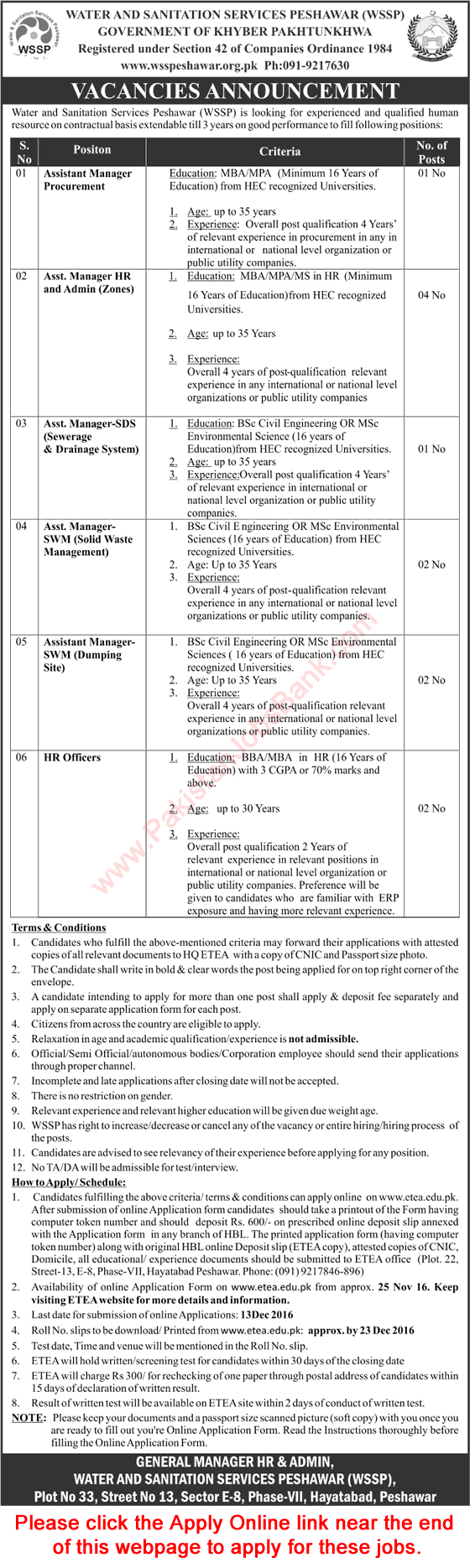 Water and Sanitation Services Peshawar Jobs November 2016 Apply Online Latest