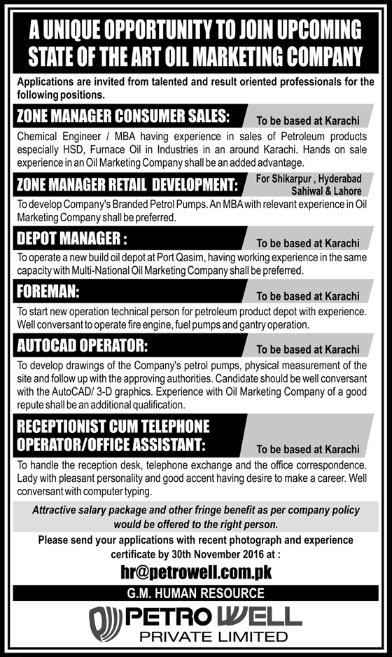 Petro Well Pvt Ltd Pakistan Jobs 2016 November Retail Development Managers, Foreman & Others Latest