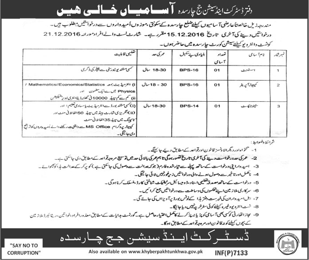 District and Session Court Charsadda Jobs 2016 November / December Latest