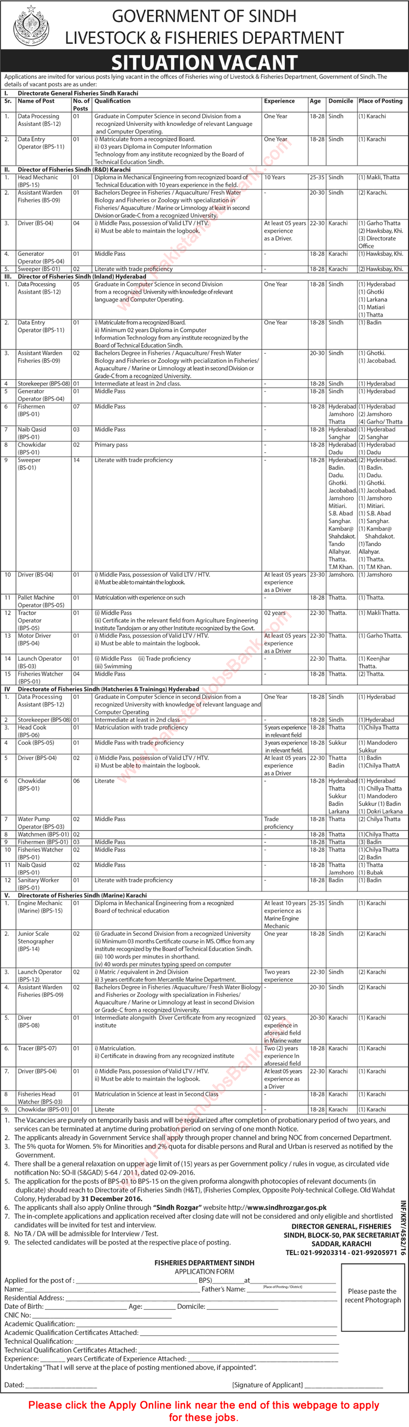 Livestock and Fisheries Department Sindh Jobs December 2016 Apply Online Fisherman, Sweepers & Others Latest