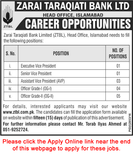 ZTBL Jobs December 2016 Apply Online Officer Grade I / II & Vice Presidents Latest