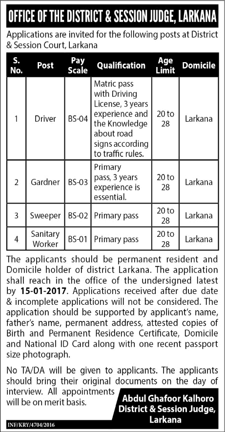 District and Session Court Larkana Jobs December 2016 Drivers, Sweepers, Gardener & Sanitary Worker Latest
