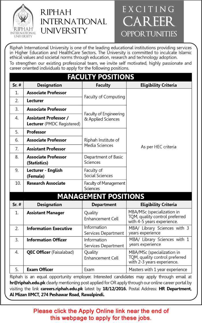 Riphah International University Rawalpindi Jobs December 2016 Apply Online Teaching Faculty & Others Latest