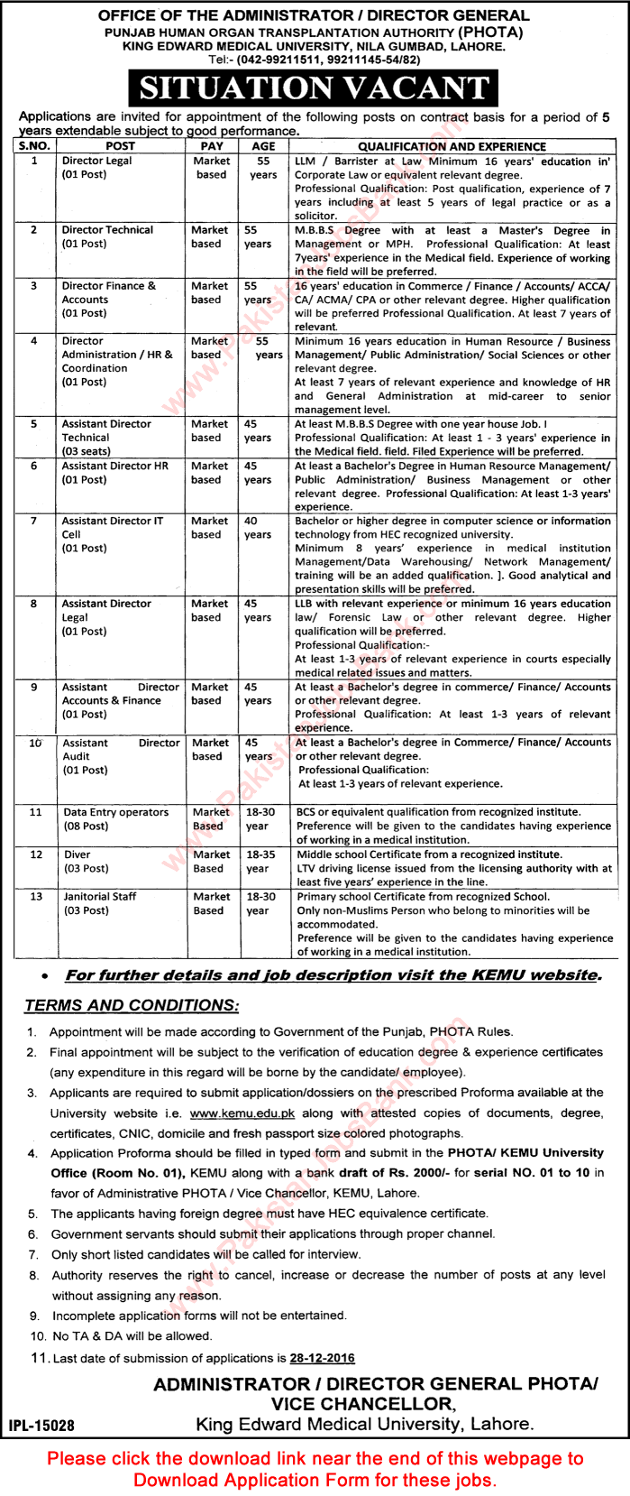 King Edward Medical University Lahore Jobs December 2016 Application Form Download PHOTA Latest