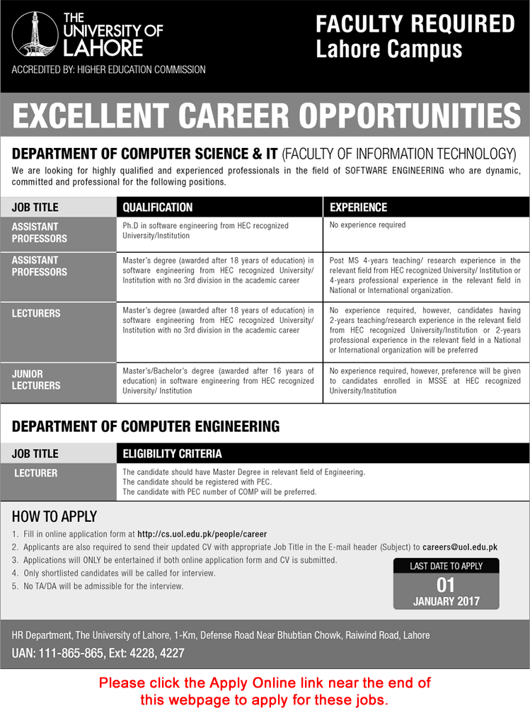 University of Lahore Jobs December 2016 Apply Online Teachers Faculty UOL Latest