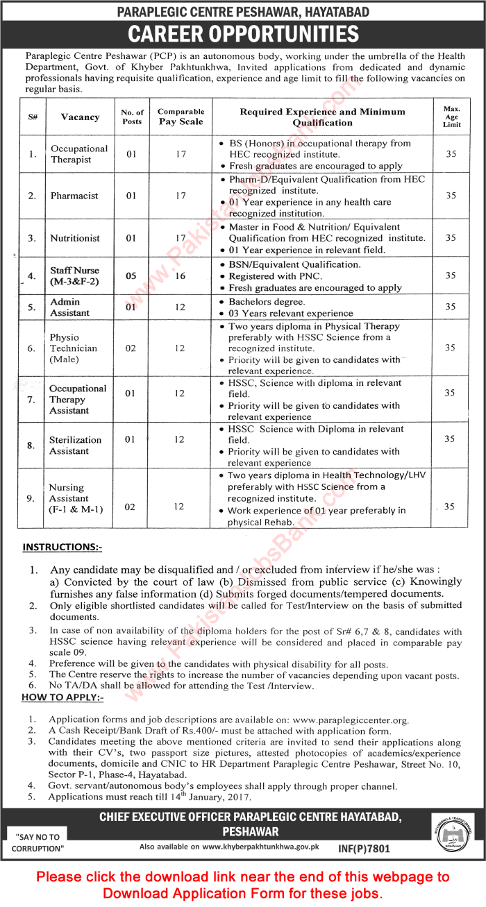 Paraplegic Center Peshawar Jobs 2016 December 2017 Application Form Staff Nurses & Others Latest