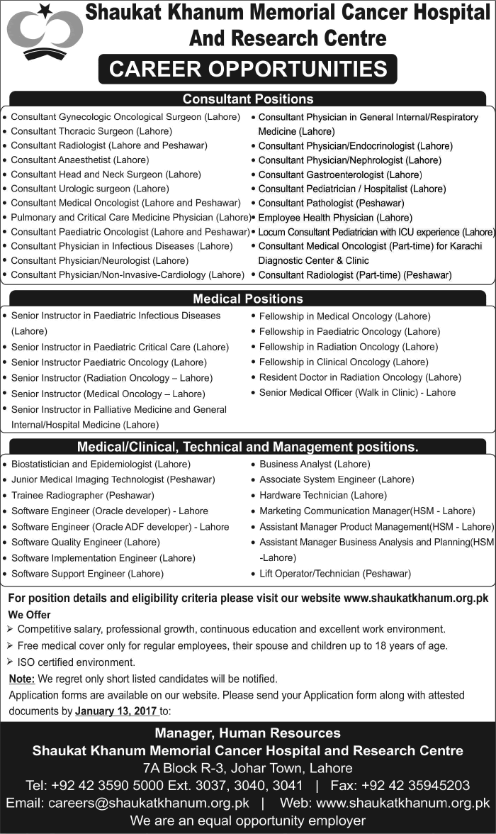 Shaukat Khanum Hospital Jobs 2017 Medical Officers, Consultants, Instructors & Others SKMCH&RC Latest