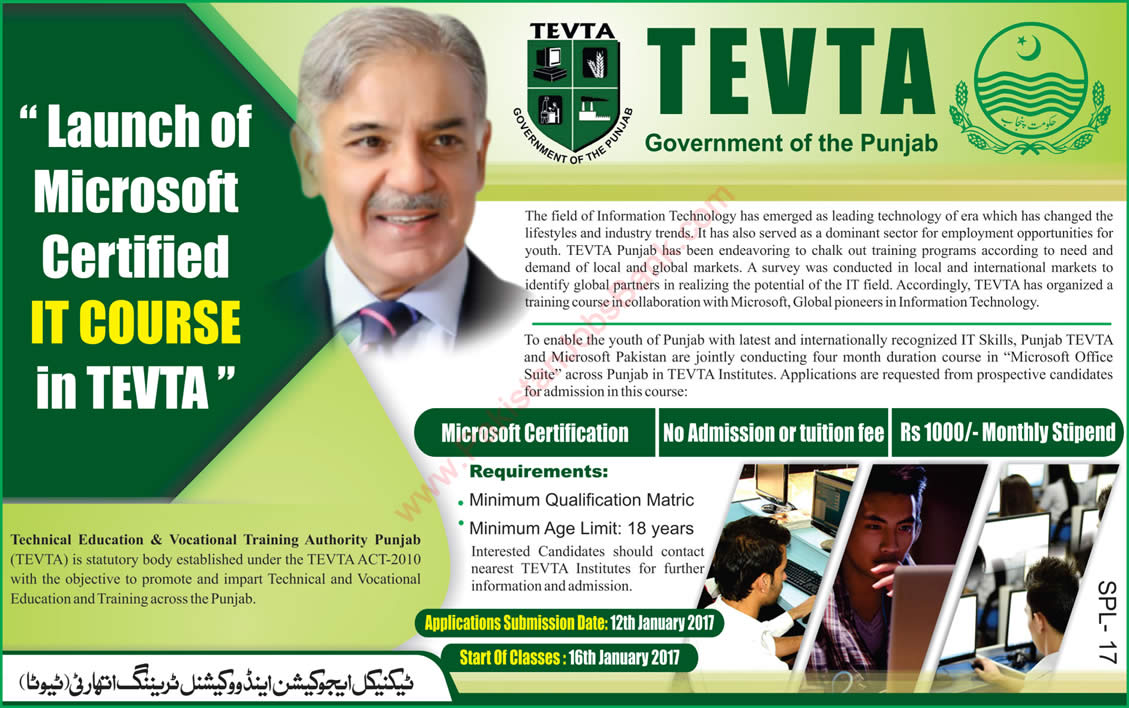 TEVTA Free Microsoft Certified IT Courses 2017 Technical Education and Vocational Training Authority Latest / New