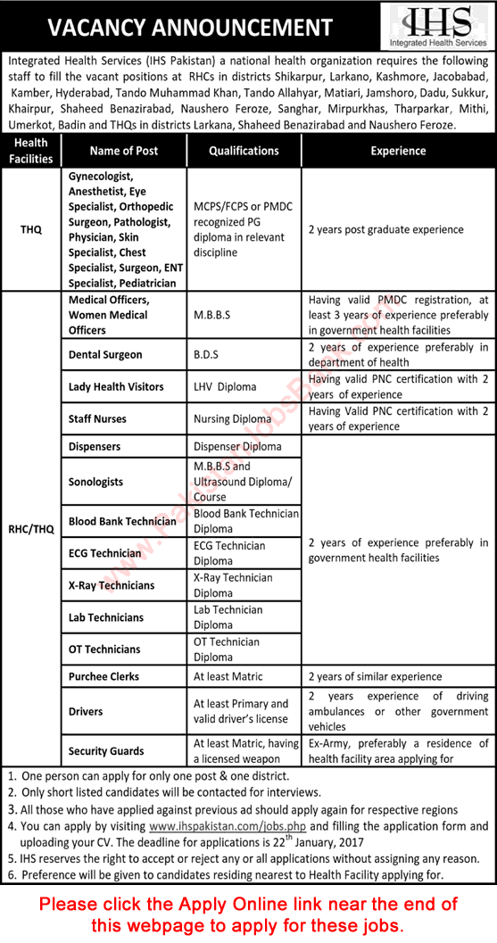 Integrated Health Services Pakistan Jobs 2017 IHS Apply Online Medical Officers, Specialists, Nurses & Others Latest