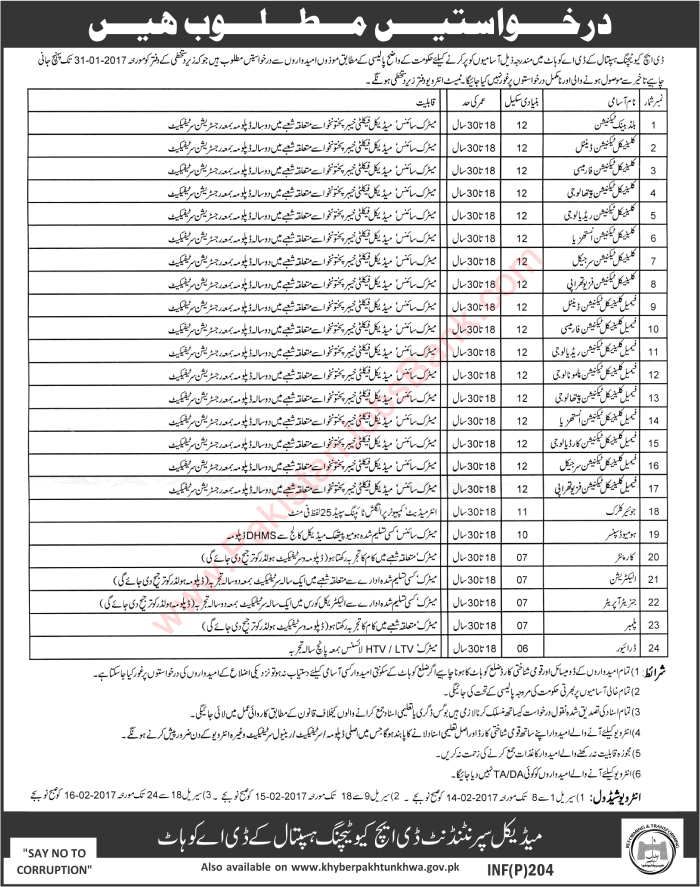 DHQ Teaching Hospital Kohat Jobs 2017 KDA Clinical Technicians, Clerks, Homeo Dispenser & Others Latest