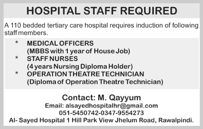 Al Saeed Hospital Rawalpindi Jobs 2017 Medical Officers, Nurses & OT Technician Latest