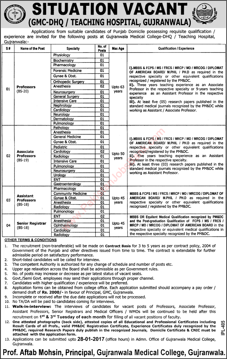 Gujranwala Medical College / DHQ / Teaching Hospital Jobs 2017 January Teaching Faculty Latest