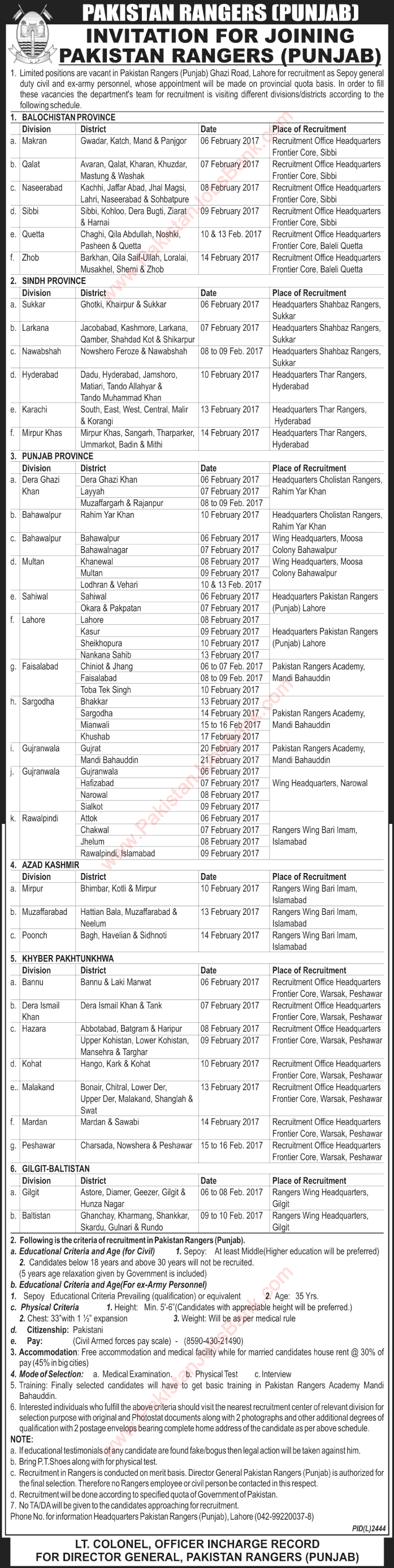 Pakistan Rangers Punjab Jobs 2017 January Sipahi General Duty Latest Advertisement