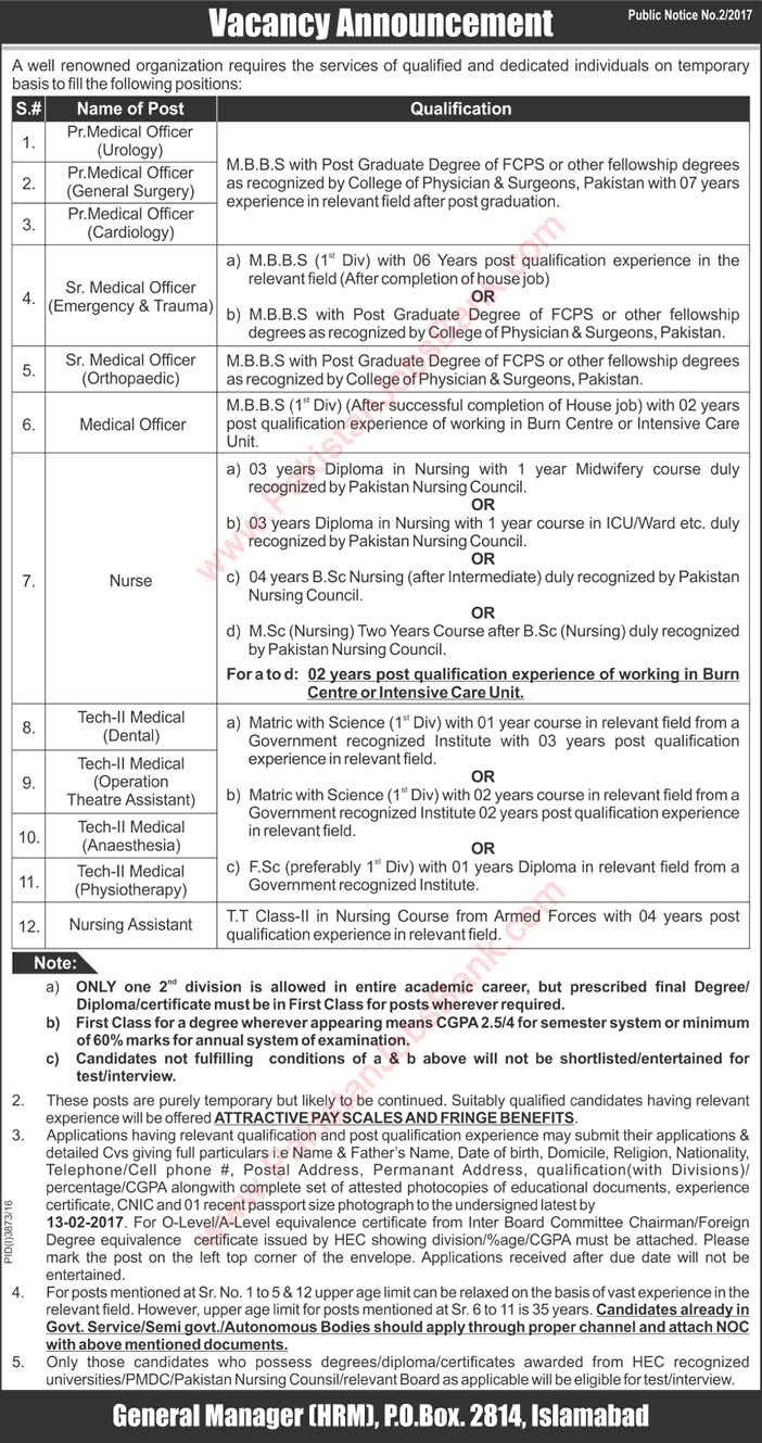 PO Box 2814 Islamabad Jobs 2017 NESCOM Medical Officers, Nurses, Technicians & Nursing Assistants Latest