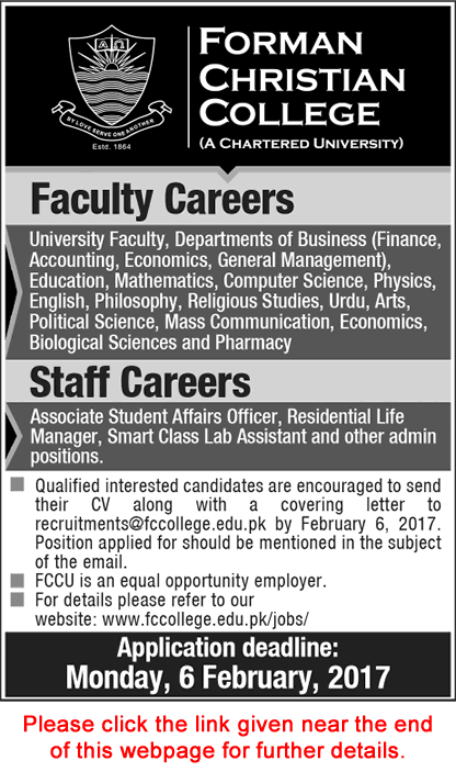 Forman Christian College Lahore Jobs 2017 FCC Teaching Faculty & Others Latest