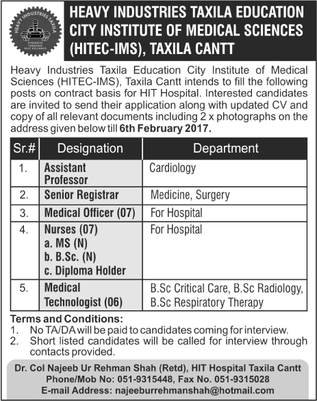 Heavy Industries Taxila Hospital Jobs 2017 Medical Officers, Nurses & Others HITEC-IMS Latest