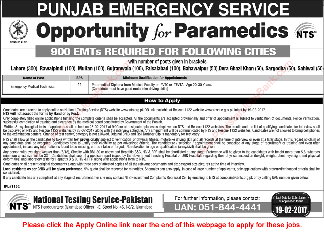 Emergency Medical Technician Jobs in Punjab Emergency Service Rescue 1122 2017 February NTS Online Apply Latest