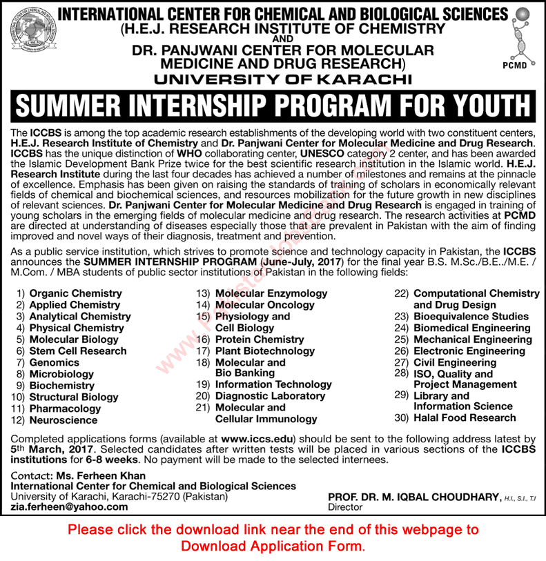 ICCBS Summer Internship 2017 Program for Youth Application Form University of Karachi Latest