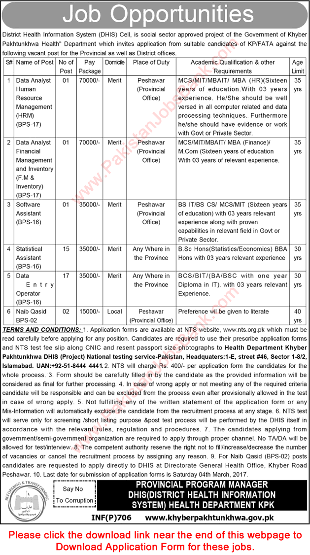 Health Department KPK Jobs 2017 February NTS Application Form District Health Information System Cell Latest