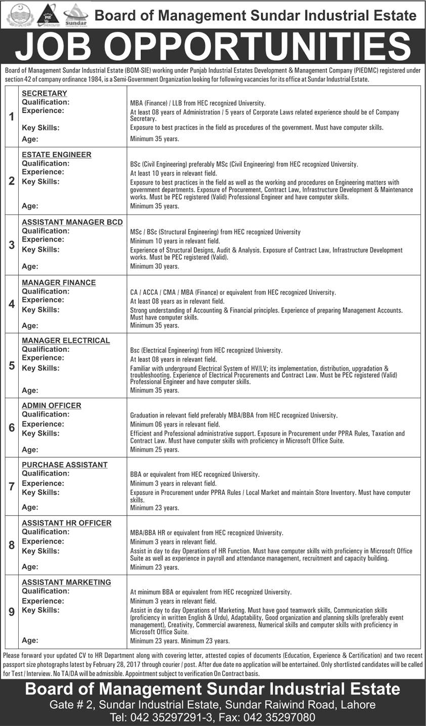 Board of Management Sundar Industrial Estate Lahore Jobs 2017 February BOM-SIE PIEDMC Latest