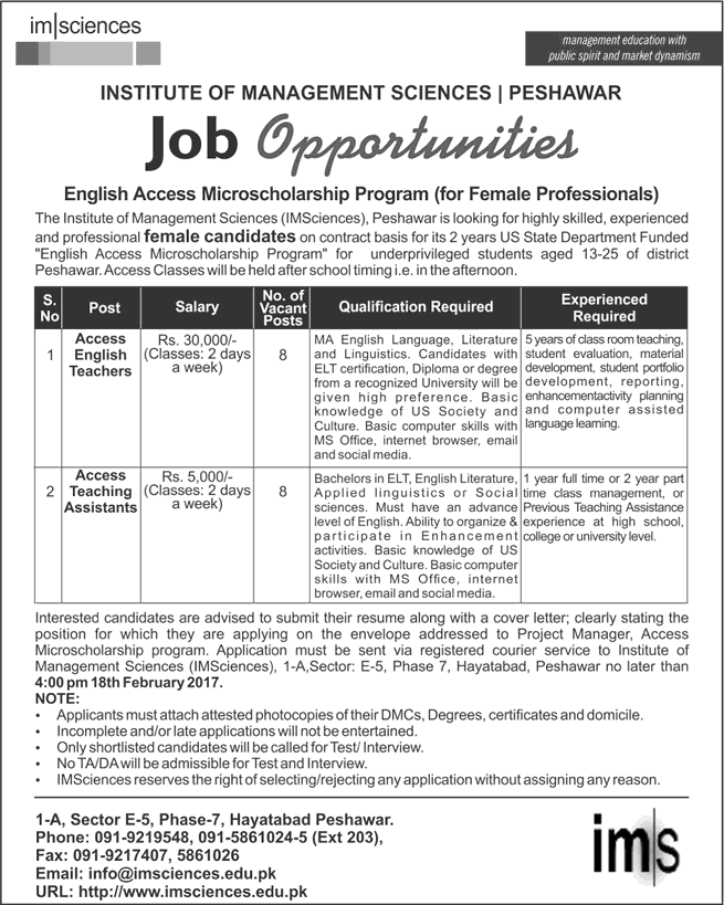 Institute of Management Sciences Peshawar Jobs 2017 February Female Teachers & Teaching Assistants Latest