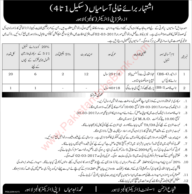 Education Department Lahore Jobs 2017 February Drivers & Naib Qasid Latest