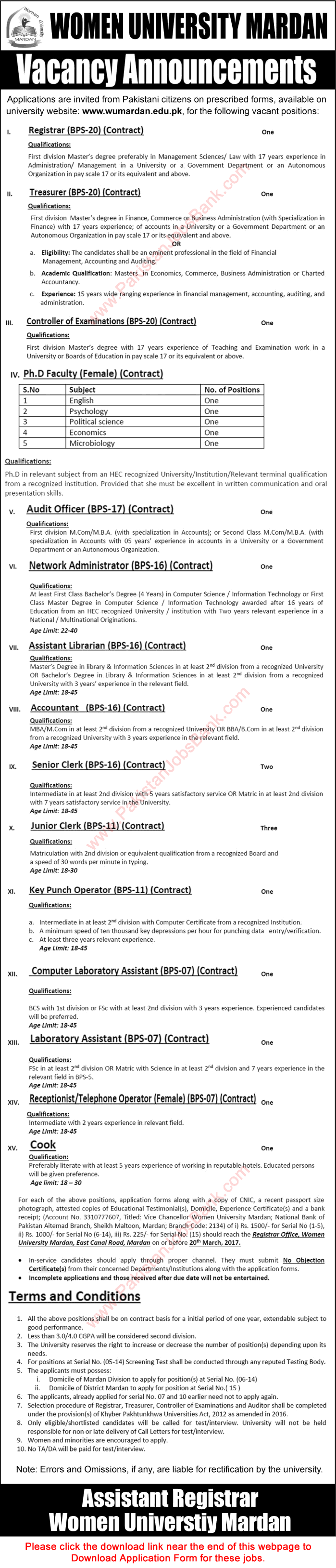 Women University Mardan Jobs 2017 March Application Form Teaching Faculty, Admin & Support Staff Latest