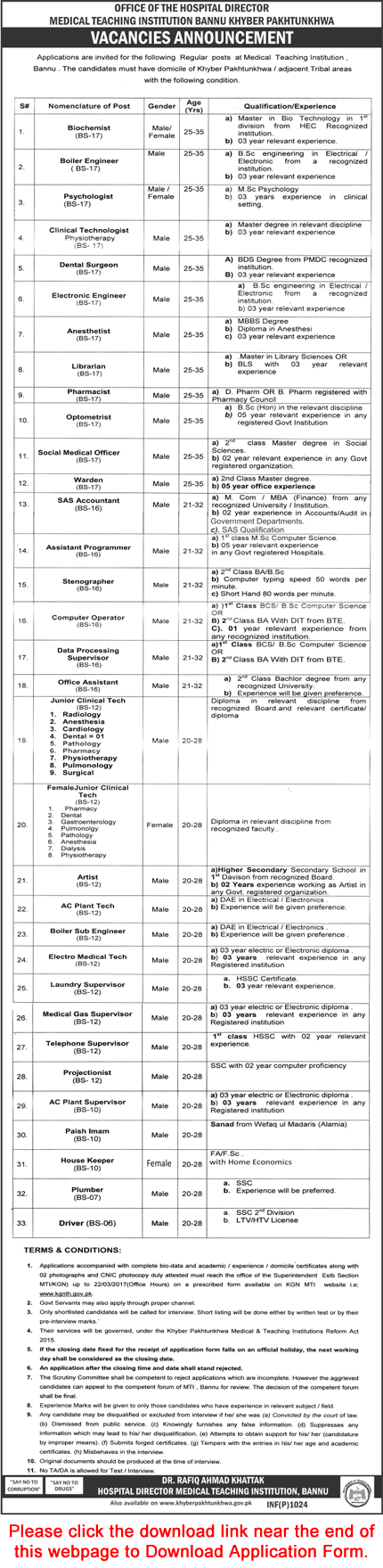 Medical Teaching Institution Bannu Jobs 2017 March Application Form Clinical Technicians, Stenographer & Others Latest