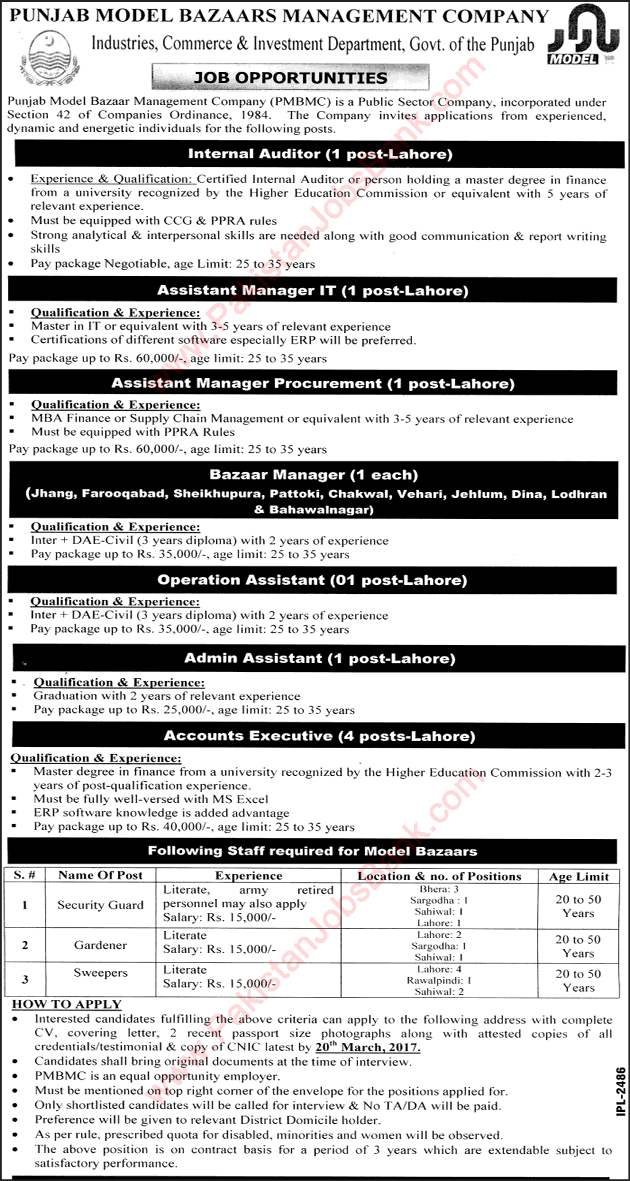 Punjab Model Bazaars Management Company Jobs 2017 March Bazaar Managers, Accounts Executives & Others Latest