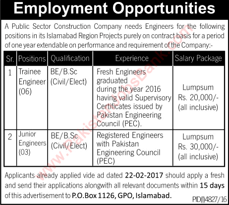 PO Box 1126 GPO Islamabad Jobs March 2017 NCL Junior / Trainee Engineers Latest