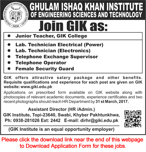 GIK Institute of Science and Technology Swabi Jobs March 2017 Application Form Download Latest