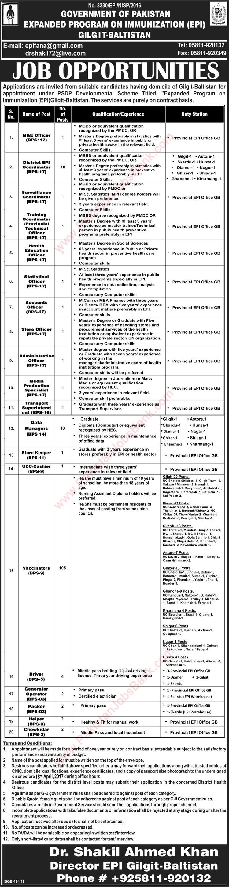 Expanded Program on Immunization Gilgit Baltistan Jobs 2017 March EPI Vaccinators, Data Managers & Others Latest