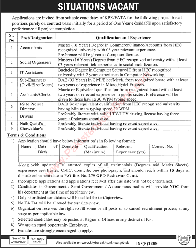 PO Box 279 GPO Peshawar Jobs 2017 March Sub Engineers, IT Assistants, Social Organizers & Others Latest
