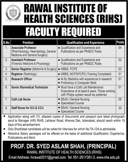 Rawal Institute of Health Sciences Islamabad Jobs 2017 March RIHS Staff Nurses, Teaching Faculty & Others Latest