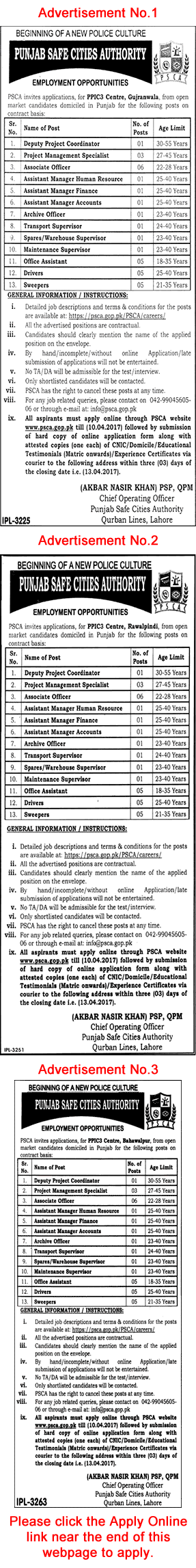 Punjab Safe Cities Authority Jobs 2017 March Apply Online PSCA PPIC3 Centers Latest / New