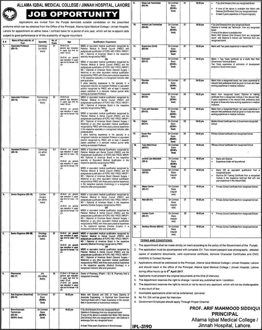 Allama Iqbal Medical College Jinnah Hospital Lahore Jobs 2017 March Teaching Faculty & Others Latest