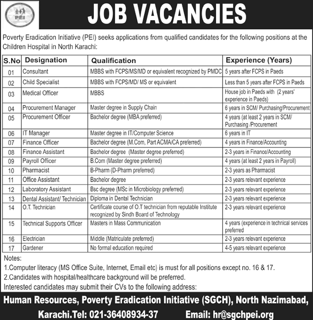 Poverty Eradications Initiative Karachi Jobs 2017 March for Children's Hospital PEI NGO Latest