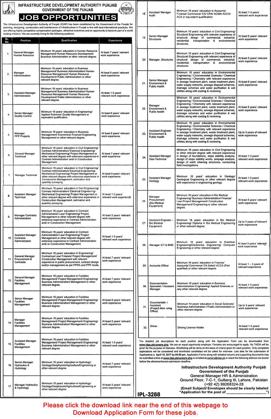 Infrastructure Development Authority Punjab Jobs March 2017 Application Form IDAP Latest